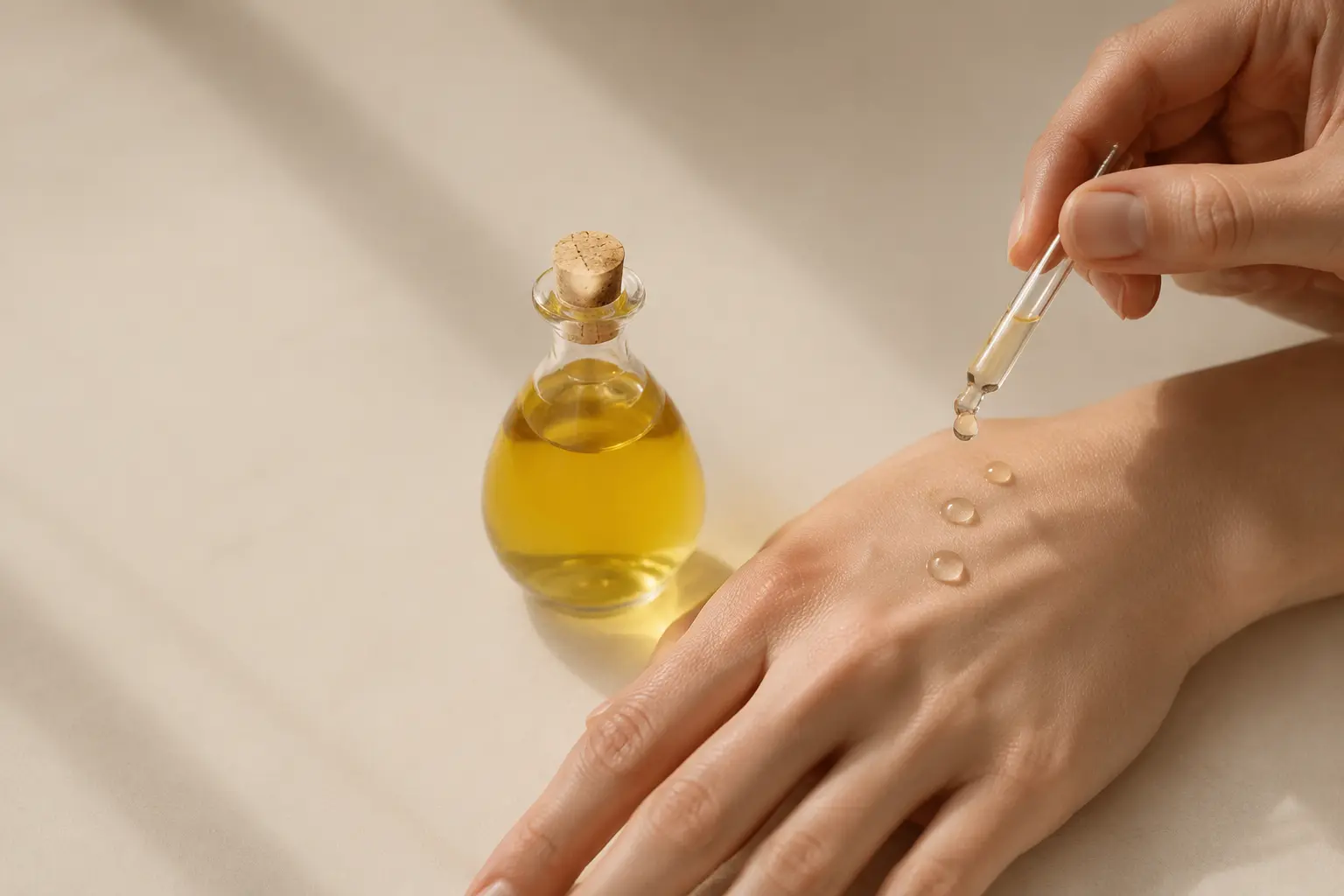 Applying APO serum to the back of a hand with a glass applicator