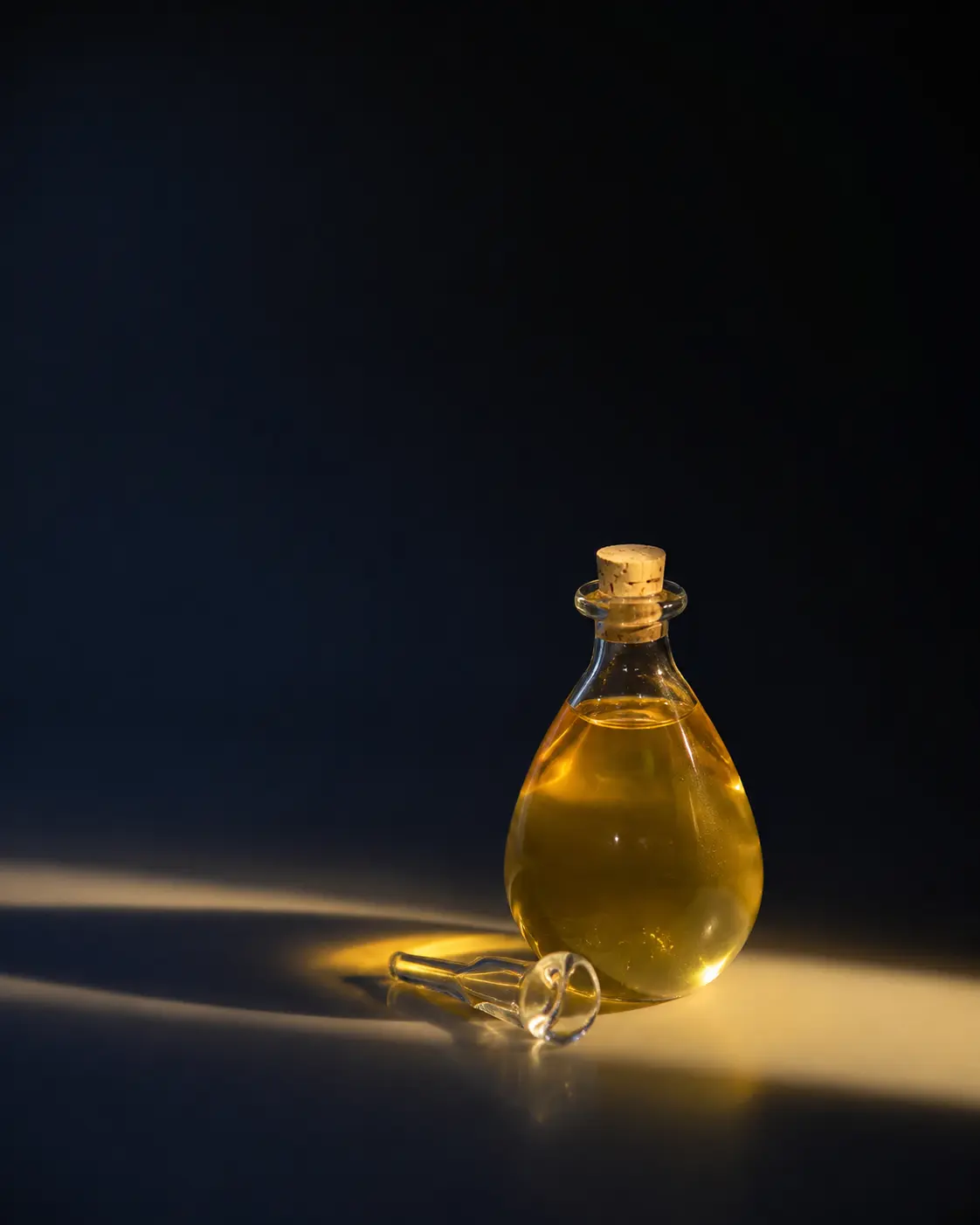 APO serum in a teardrop glass bottle, lit by a warm beam of light