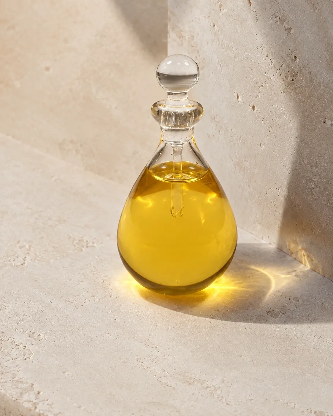 Formula No. 1 in a teardrop glass bottle with a glass stopper, on travertine in warm light